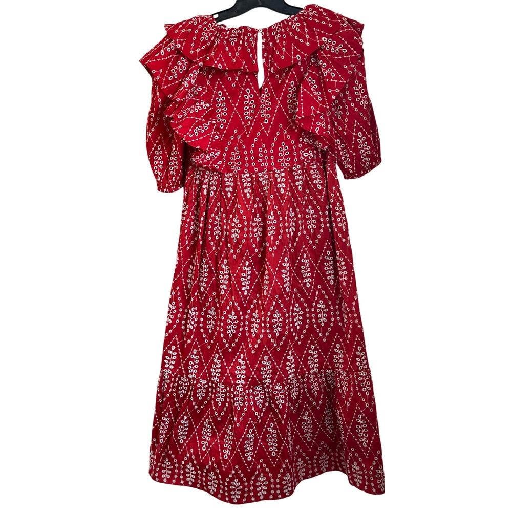Zara Red Dress with Eyelet Embroidery Midi Length Size Small - Picture 3 of 16